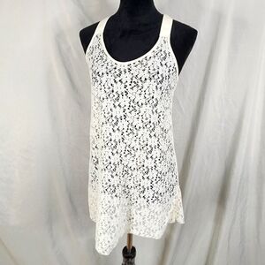 New! LEONISA Size Small Ivory Floral Lace Crossback Active Swim Cover Tank Dress